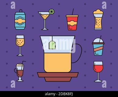 bundle of nine beverages set icons vector illustration design Stock Vector