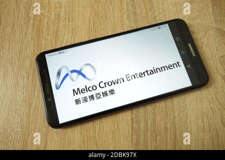 KONSKIE, POLAND - June 21, 2019: Melco Crown Entertainment logo displayed on mobile phone Stock Photo