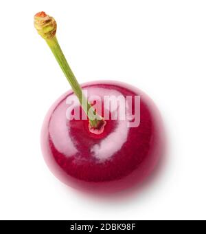 Isolated cherry. One sweet cherry fruit with stem top view isolated on white background Stock Photo