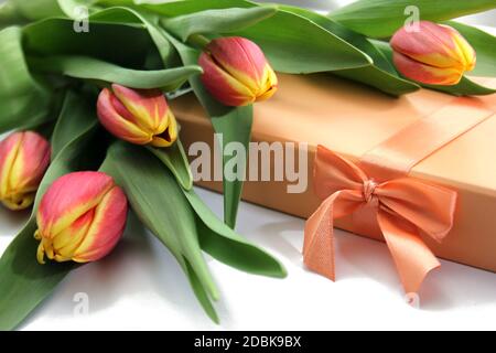 Orange yellow tulips and gift box Stock Photo