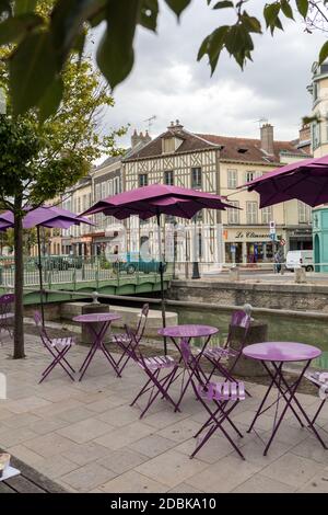 Troyes, France - August 31, 2018: Cafe in medieval Troyes old town,  Aube, Champagne-Ardenne, France Stock Photo