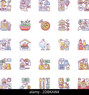 Food delivery RGB color icons set Stock Vector