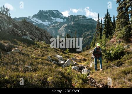 Hiker in mountains, Pemberton, British Columbia, Canada Stock Photo