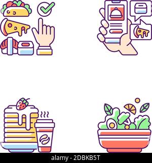 Delivering groceries, pre-prep, pre-made meals RGB color icons set Stock Vector