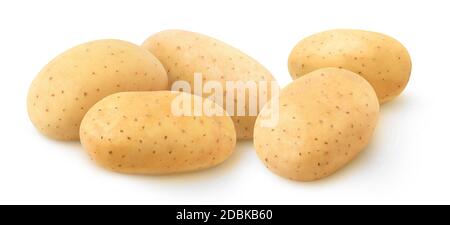 Five raw washed potatoes in a row isolated on white background Stock Photo