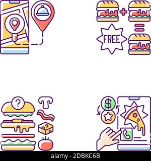 Delivering food to customer RGB color icons set Stock Vector