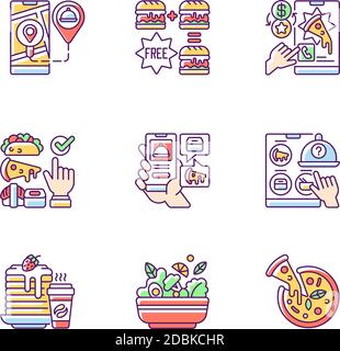 Food delivery service RGB color icons set Stock Vector