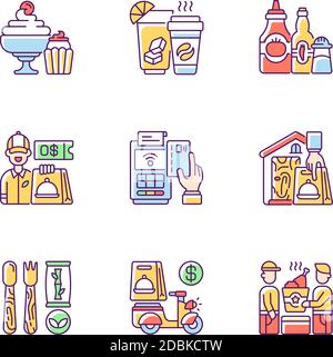 Delivery and takeout RGB color icons set Stock Vector