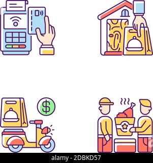 Meal delivery orders RGB color icons set Stock Vector