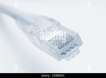 Closeup of rj45 connector of patch cable for LAN connection over white background. Stock Photo