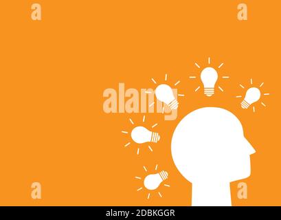 Orange poster with head and shining bulbs. Brain storm, ideas, solution, creative concept. Business wallpaper. Vector illustration. Stock Vector
