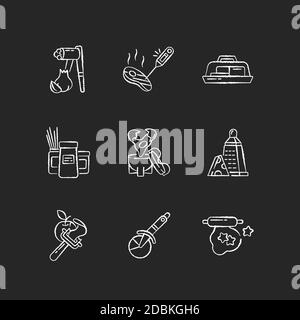 Food preparation utensils chalk white icons set on black background Stock Vector