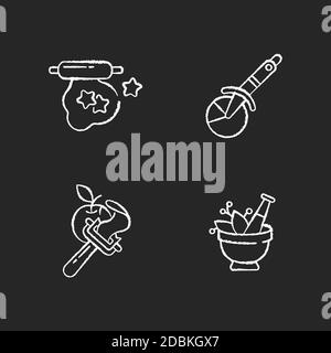 Kitchen utensils chalk white icons set on black background Stock Vector