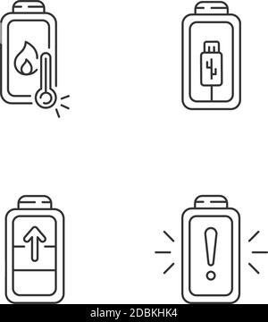 Battery cable charging process linear icons set Stock Vector