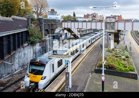 A Thameslink train passing through Kentish Town overground station, London, UK Stock Photo