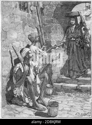 Engraving of a beggars seeking money in the streets of an ancient city ...