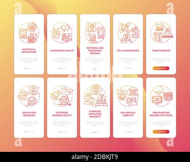 Top business consulting service onboarding mobile app page screen with concepts set Stock Vector
