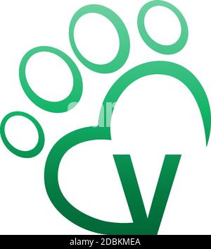 Letter V icon on paw prints logo design Stock Vector