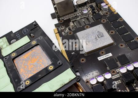 Moscow, Russia. 12/16/2011 NVIDIA Geforce GTX 465 graphics card isolated on a white background Stock Photo