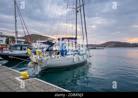 Ios, Greece - September 19, 2020: Yachts in marina in the port of Ios. Cyclades Islands, Greece Stock Photo
