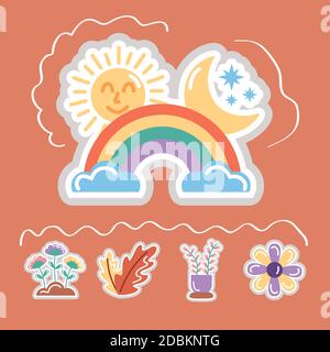 rainbow and set stickers flat style icons vector illustration design Stock Vector