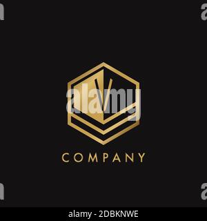 Golden Letter V Letter Logo Concept Elegance Geometrical Hexagon with negative space initial letter for Apartment Real Estate, Property, hotel and Arc Stock Vector