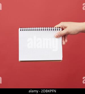 hand holding an open spiral notebook with empty white sheets, red background, copy space Stock Photo