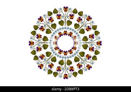 White background with pattern for embroidery of a wreath of pansies with purple-orange petals, leaves, beads and blue flowers Stock Photo