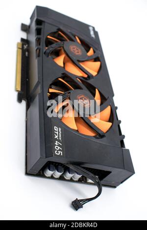 Moscow, Russia. 12/16/2011 NVIDIA Geforce GTX 465 graphics card isolated on a white background Stock Photo