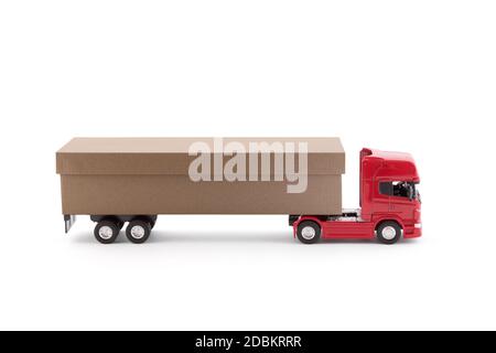 Long delivery truck with a cardboard box trailer isolated on white background Stock Photo