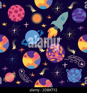Seamless space pattern. Planets, rockets and stars. Cartoon spaceship icons. Kid's elements for scrap-booking. Stock Vector