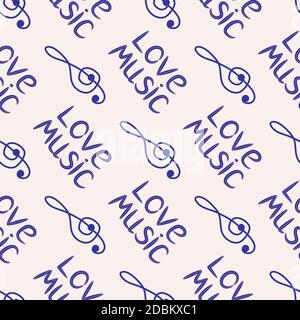Love music seamless pattern with country guitar, music notes, treble clef, hearts, decorative elements. Stock Vector