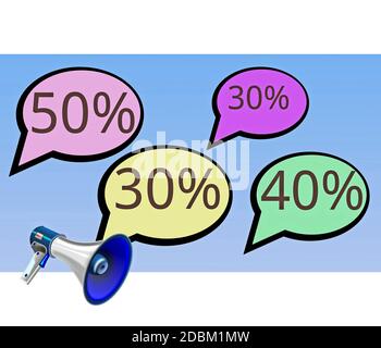 The illustration shows discount bubbles with different discounts. The bubbles are on a blue background and the image is isolated on a white background Stock Photo