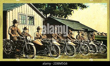 An early photograph of the Fort Dodge (Iowa) USA, Motorcycle Brigade.  -- In June 1917, the 163rd Depot Brigade was formed at Camp Dodge as the base unit for the 88th Division, which processed new draftees and provided basic training.    The 163 Brigade was still at Dodge in April 1918 and the camp served a similar induction role in WWII Stock Photo