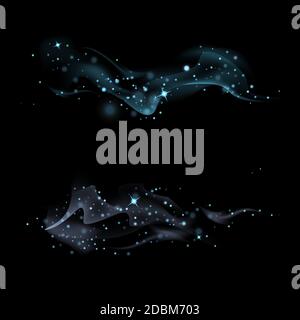 Set of light blue magic smokes with stars on dark background. Magical smoke for food advertising and package. Lights and stars. Vector Stock Vector