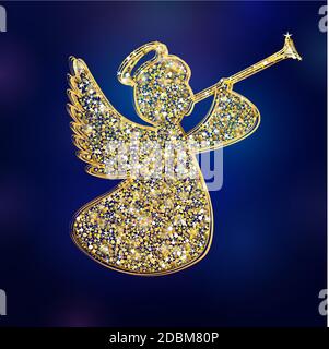 Angel with simple wings on a navy blue background. Golden isolated angel with trumpet starry herald shiny silhouette. Merry Christmas vector design Stock Vector