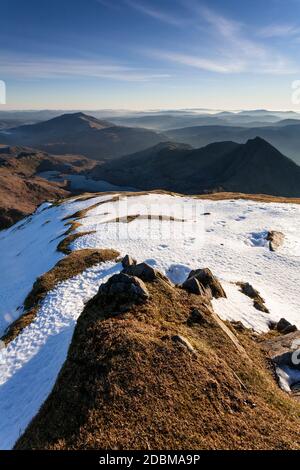 Snowdonia mountains in haze from the summit of Snowdon, North Wales Stock Photo