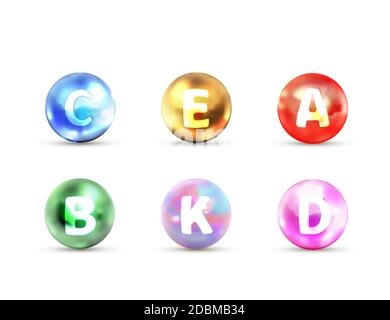 Set of bright glossy icons of vitamins A B C D E, K on white Stock Vector