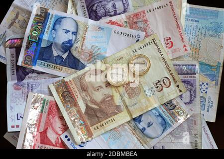 Close up shot of Bulgarian Lev money banknotes Stock Photo