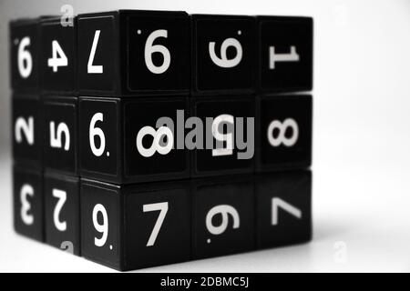 Black cube with numbers in its area for playing the Japanese Sudoku game on a white background Stock Photo