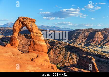 Sunset at Delicate Arch. Delicate Arch is 60-foot-tall freestanding natural arch located in Arches National Park near Moab, Utah. It is the most widel Stock Photo