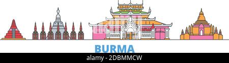 Burma line cityscape, flat vector. Travel city landmark, oultine illustration, line world icons Stock Vector