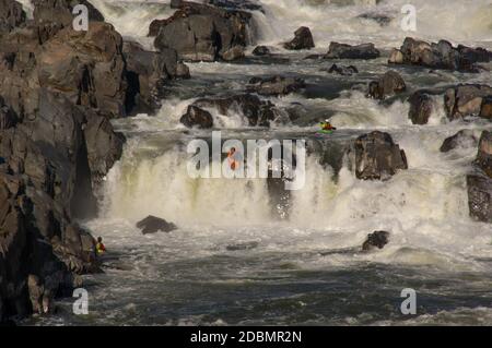 Kayakers navigating the rapids at Great Falls National Park Stock Photo