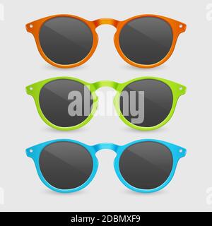 Vector 3d Realistic Plastic Orange, Green and Blue Rimmed Eye Sunglasses Closeup Isolated on White Background. Women, Men, Unisex Accessory. Optics Stock Vector