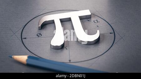 3D illustration of pi letter over a circle drawing. Mathematics concept Stock Photo