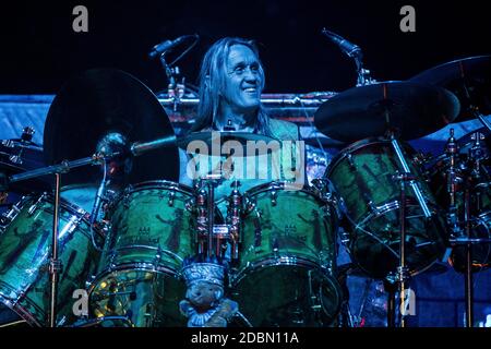 Herning, Denmark. 21st, June 2016. Iron Maiden, the English heavy metal band, performs a live concert at Boxen in Herning. Here drummer Nicko McBrain is seen live on stage. (Photo credit: Gonzales Photo - Lasse Lagoni). Stock Photo