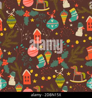 Seamless pattern with Christmas decoration, firtwigs and plants Stock Vector