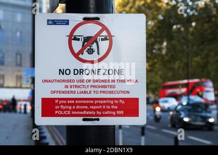 No drone zone sign prohibiting flying drones over Westminster area in London, England United Kingdom UK Stock Photo