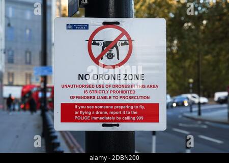 No drone zone sign prohibiting flying drones over Westminster area in London, England United Kingdom UK Stock Photo