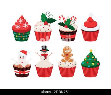 Christmas cupcakes set - cute winter sweets food. Stock Vector